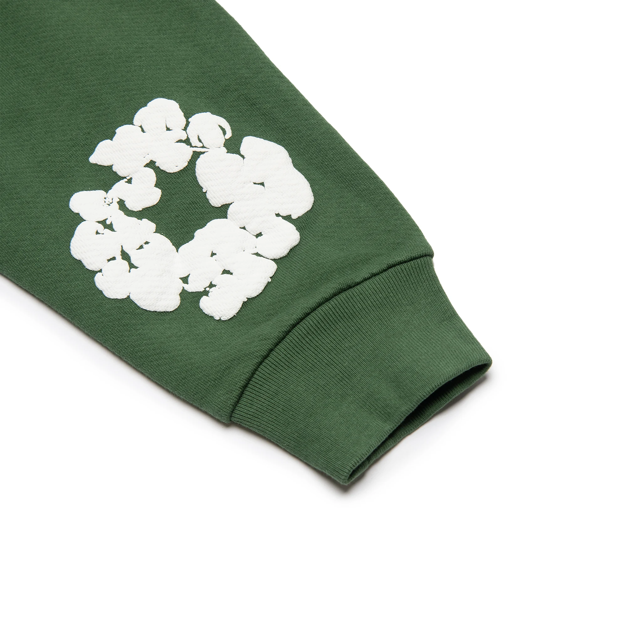 Sleeve view of Denim Tears The Cotton Wreath Green Hoodie